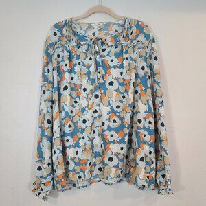 Joie Limited Edition Floral Fields Long Sleeve Peasant Top White Blue Floral XXL